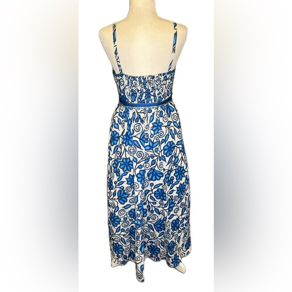 Current Air Blue and White Floral Midi Dress Crochet Accent Belted Pockets Small - Picture 5 of 14